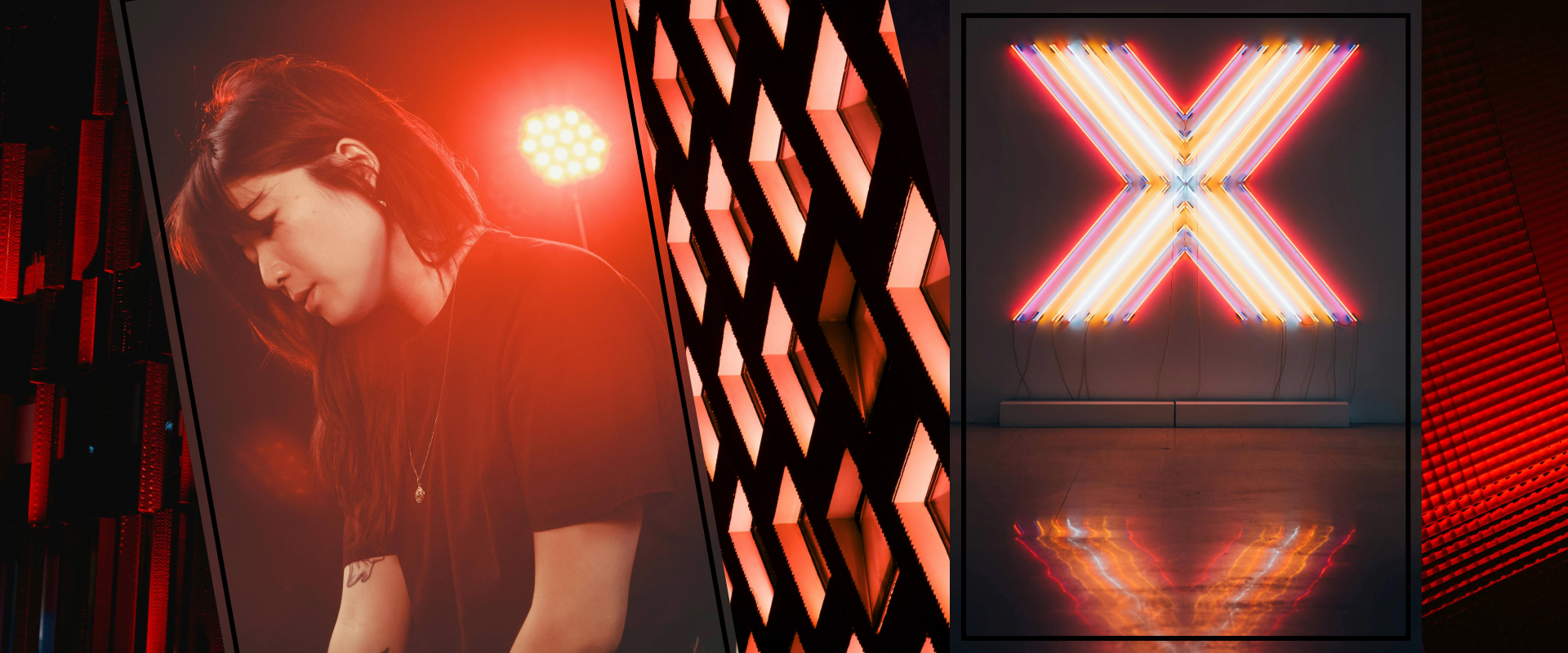 TEDx-style collage featuring speaker, red lighting, and geometric installations